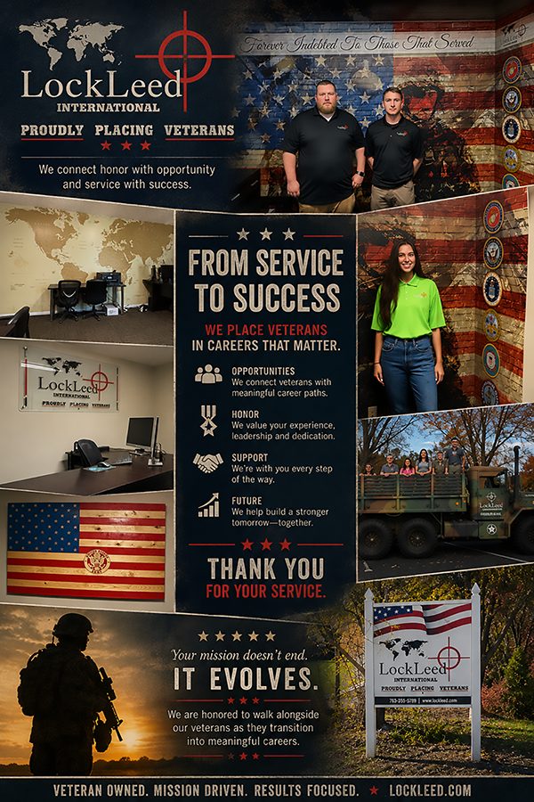 LockLeed International Open House announcement — Friday, August 7, 2026, 11:00 AM to 2:00 PM at 10235 University Ave NE, Minneapolis, MN. Proudly placing veterans.